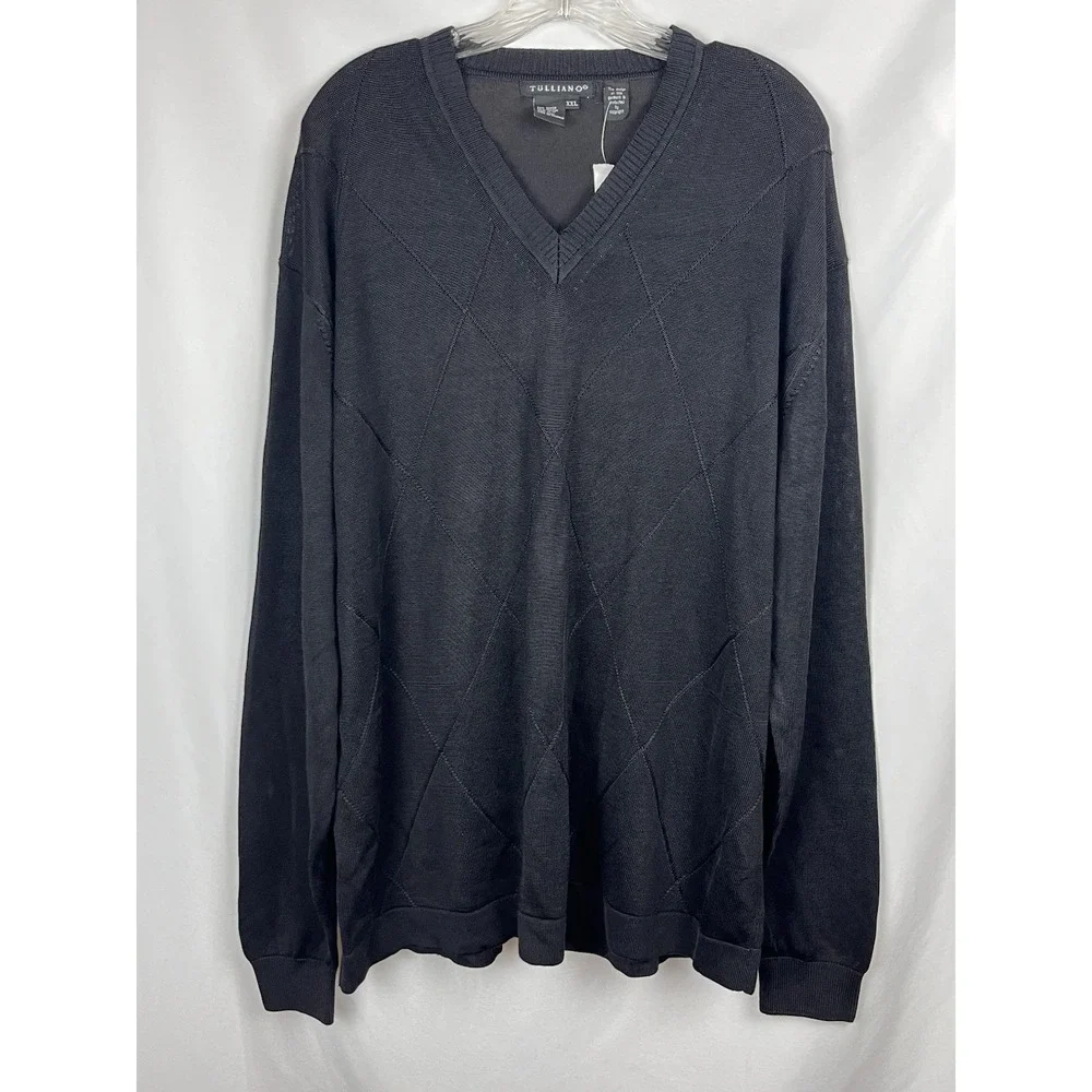 Vintage 90s Tulliano Men's XXL V-Neck Sweater Black Argyle Texture Old Money NWT